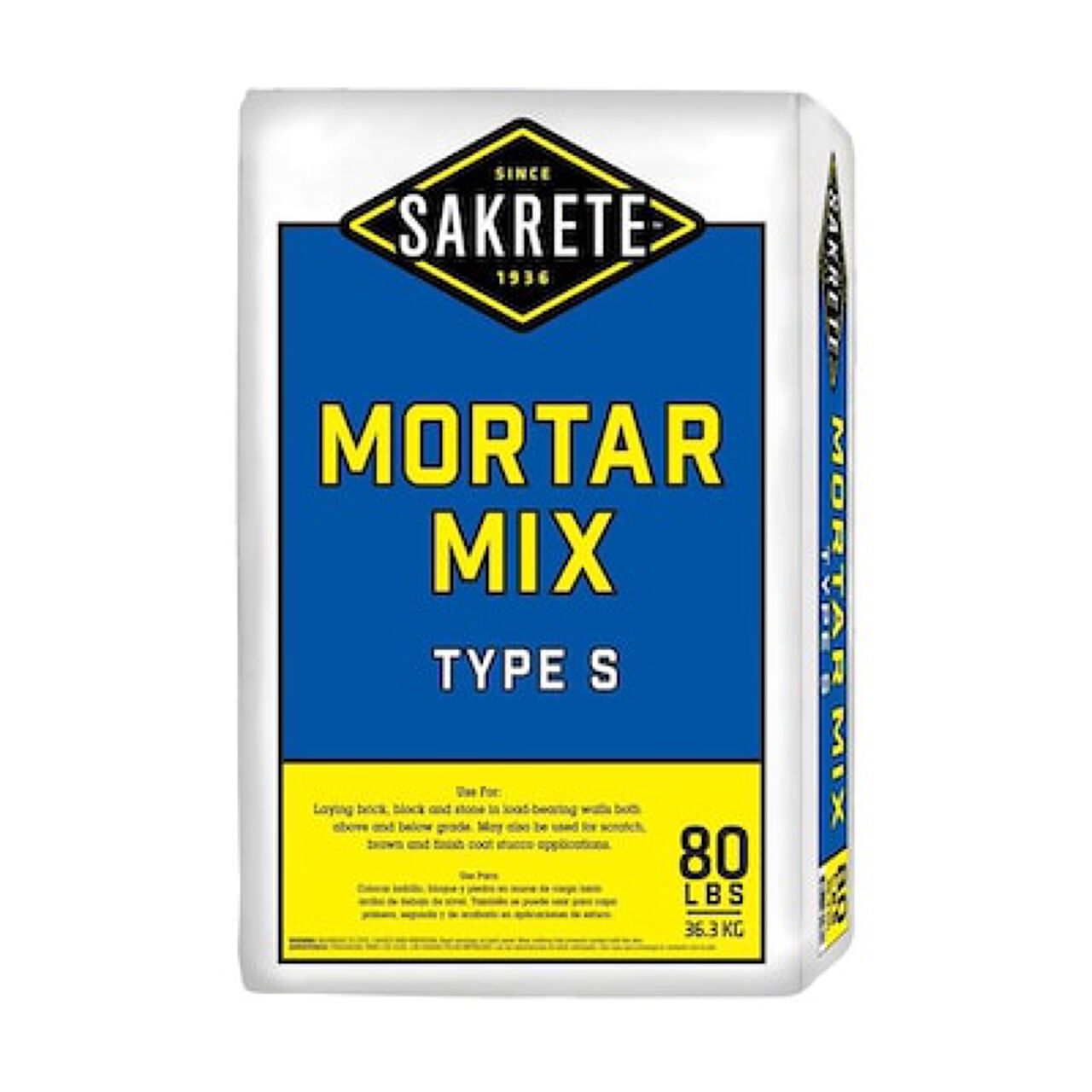 An 80 lb. Pre Blended Gray Type-S Mortar Mix by Go Build is displayed, featuring a primarily blue and white design with yellow accents. Ideal for masonry applications like laying brick, block, and stone.